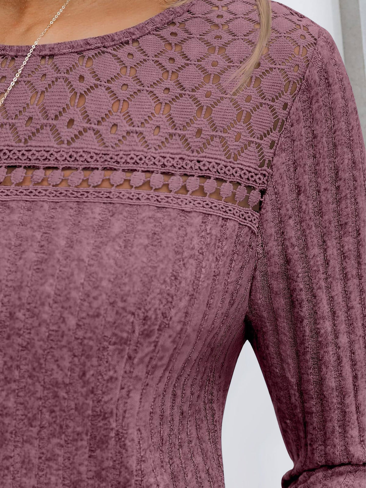 Round Neck Long Sleeves Casual Eyelet Blouse