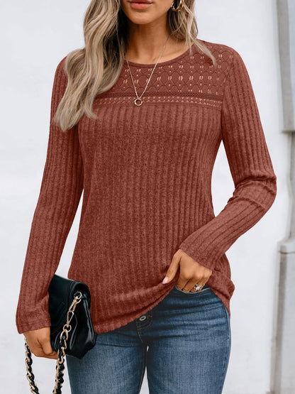 Round Neck Long Sleeves Casual Eyelet Blouse
