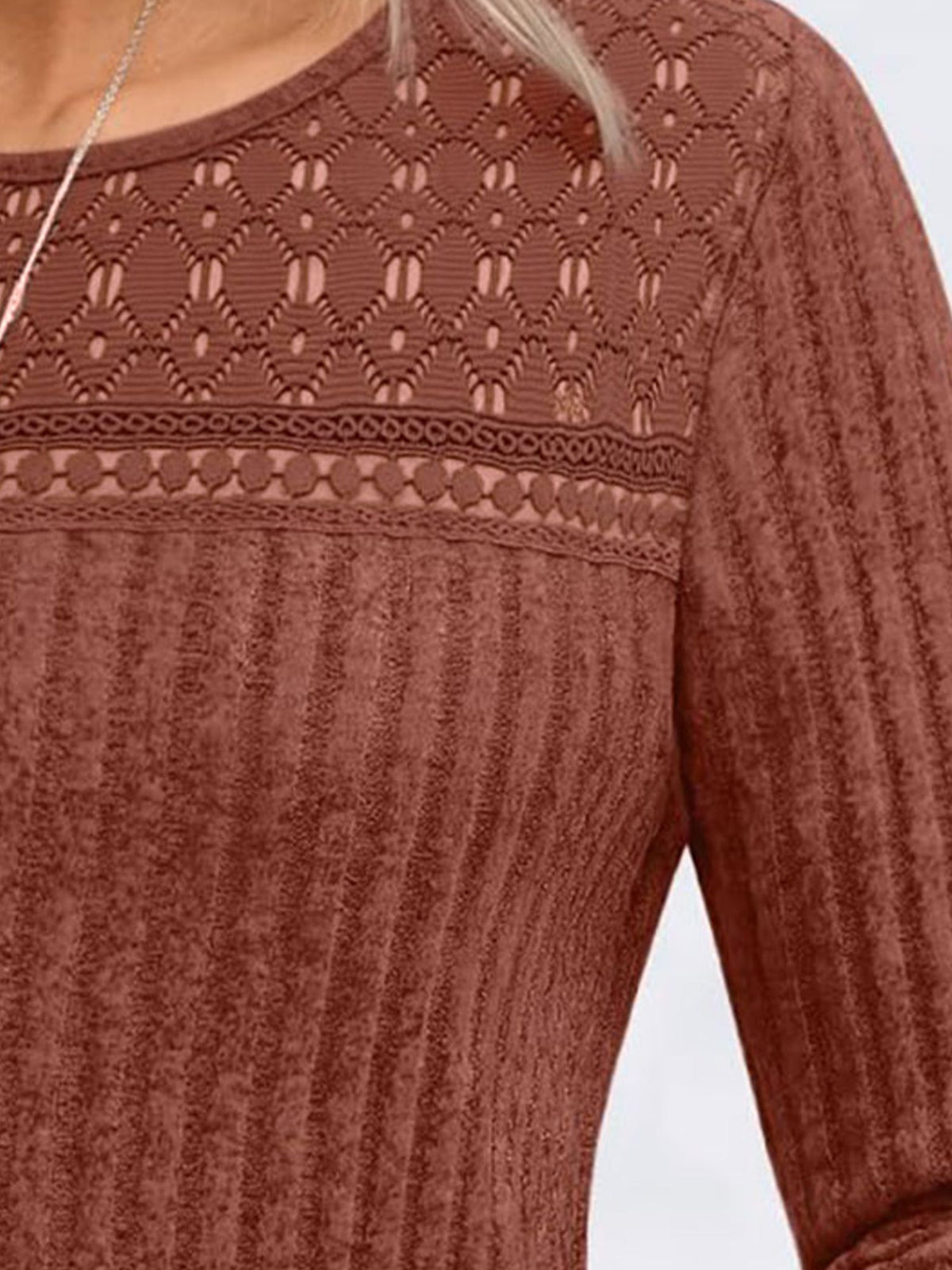 Round Neck Long Sleeves Casual Eyelet Blouse