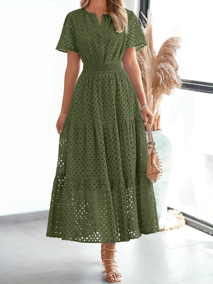 Notch Neck Short Sleeves Pockets Eyelet A-Line Tiered Dress