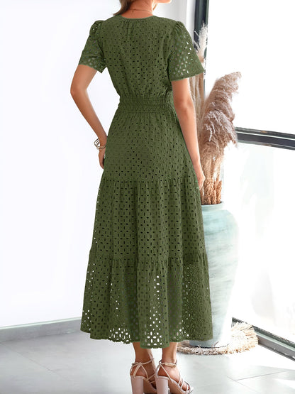 Notch Neck Short Sleeves Pockets Eyelet A-Line Tiered Dress