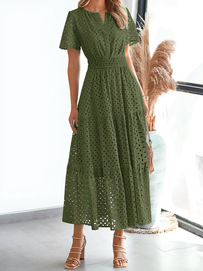 Notch Neck Short Sleeves Pockets Eyelet A-Line Tiered Dress
