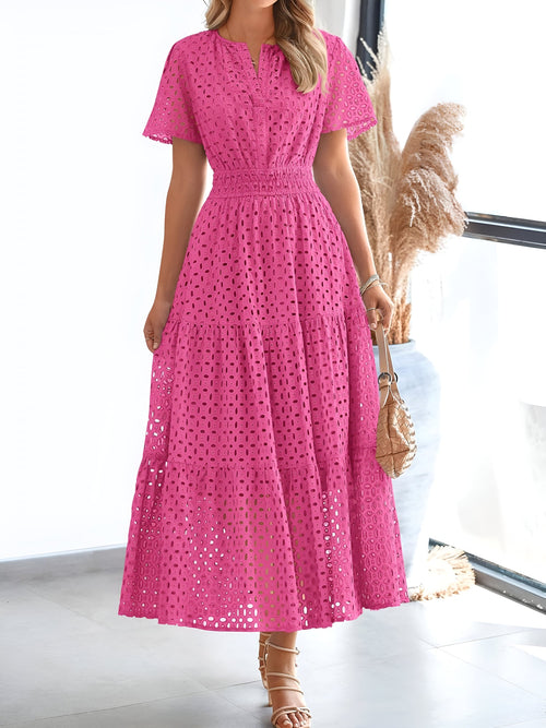 Notch Neck Short Sleeves Pockets Eyelet A-Line Tiered Dress