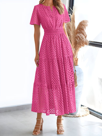 Notch Neck Short Sleeves Pockets Eyelet A-Line Tiered Dress