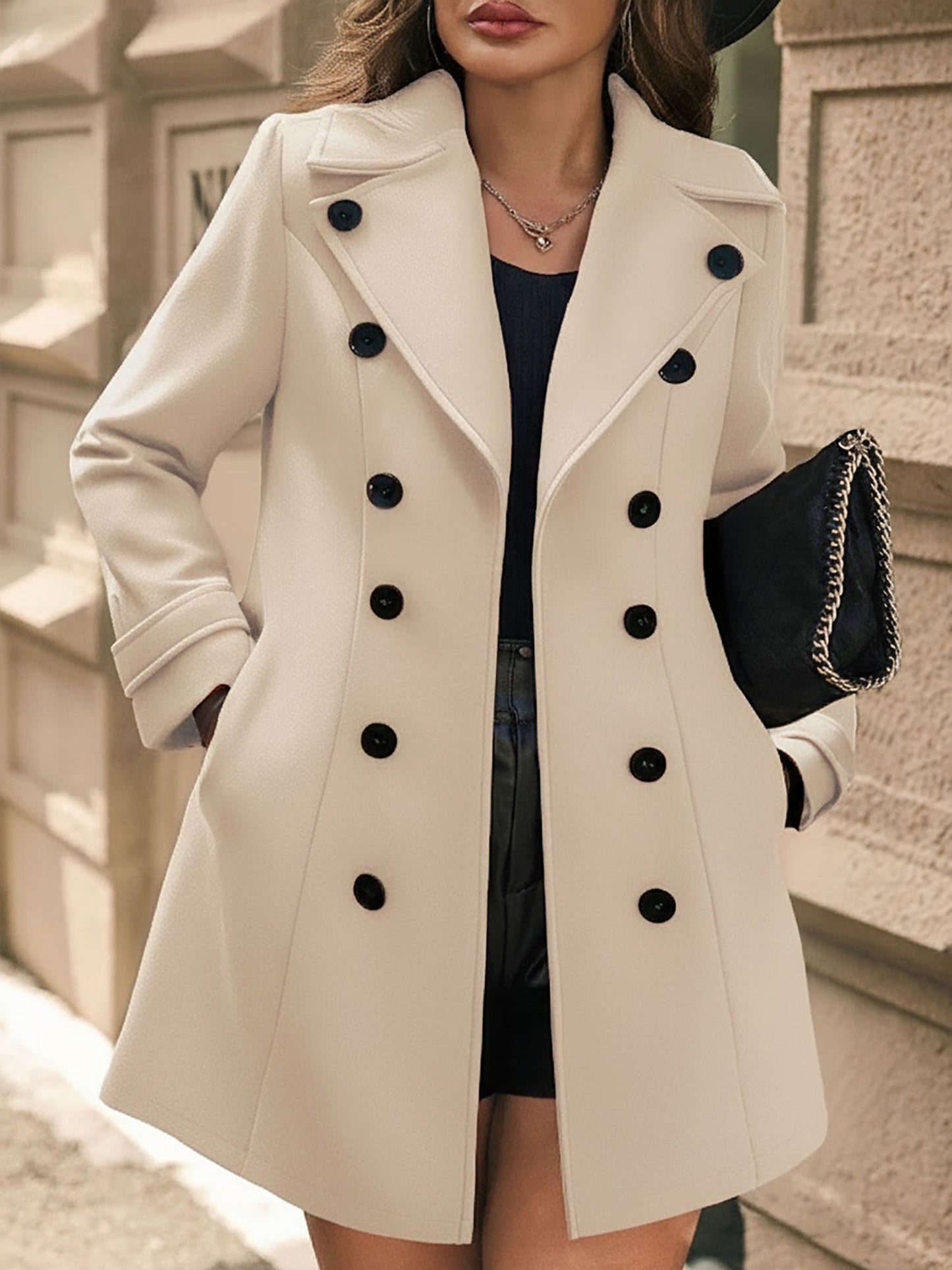 Notched Lapel Buttoned Decor Open Front Coat