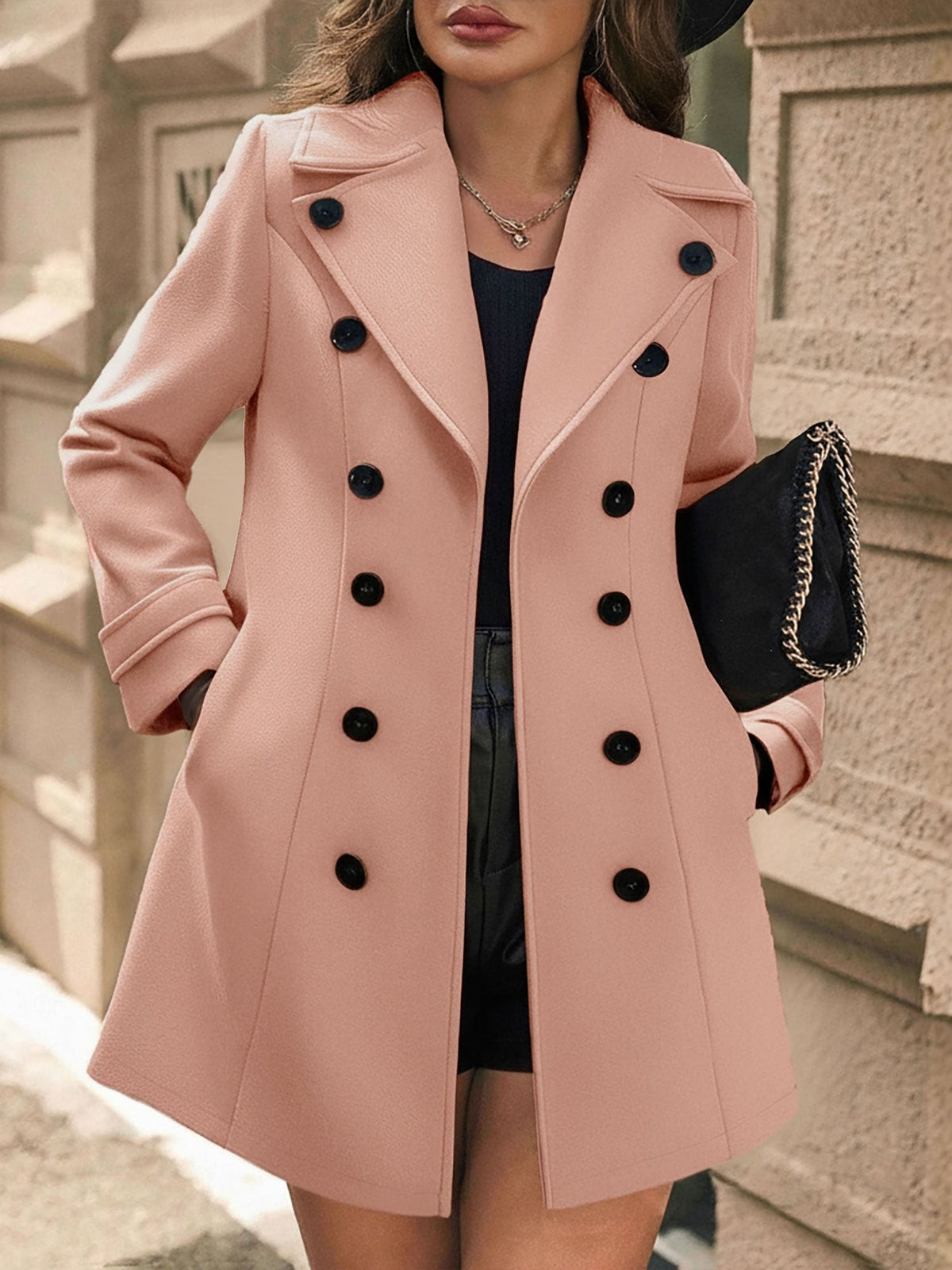Notched Lapel Buttoned Decor Open Front Coat