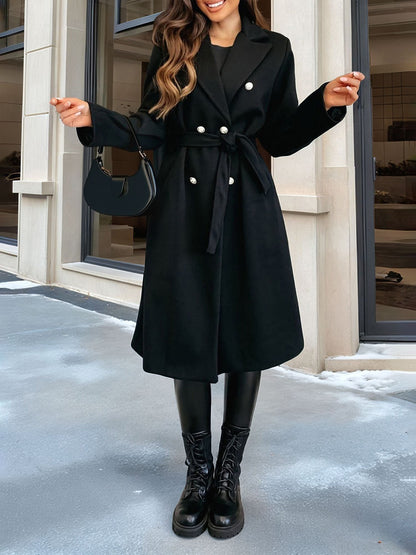 Solid Color Double Breasted Tie Front Belted Coat
