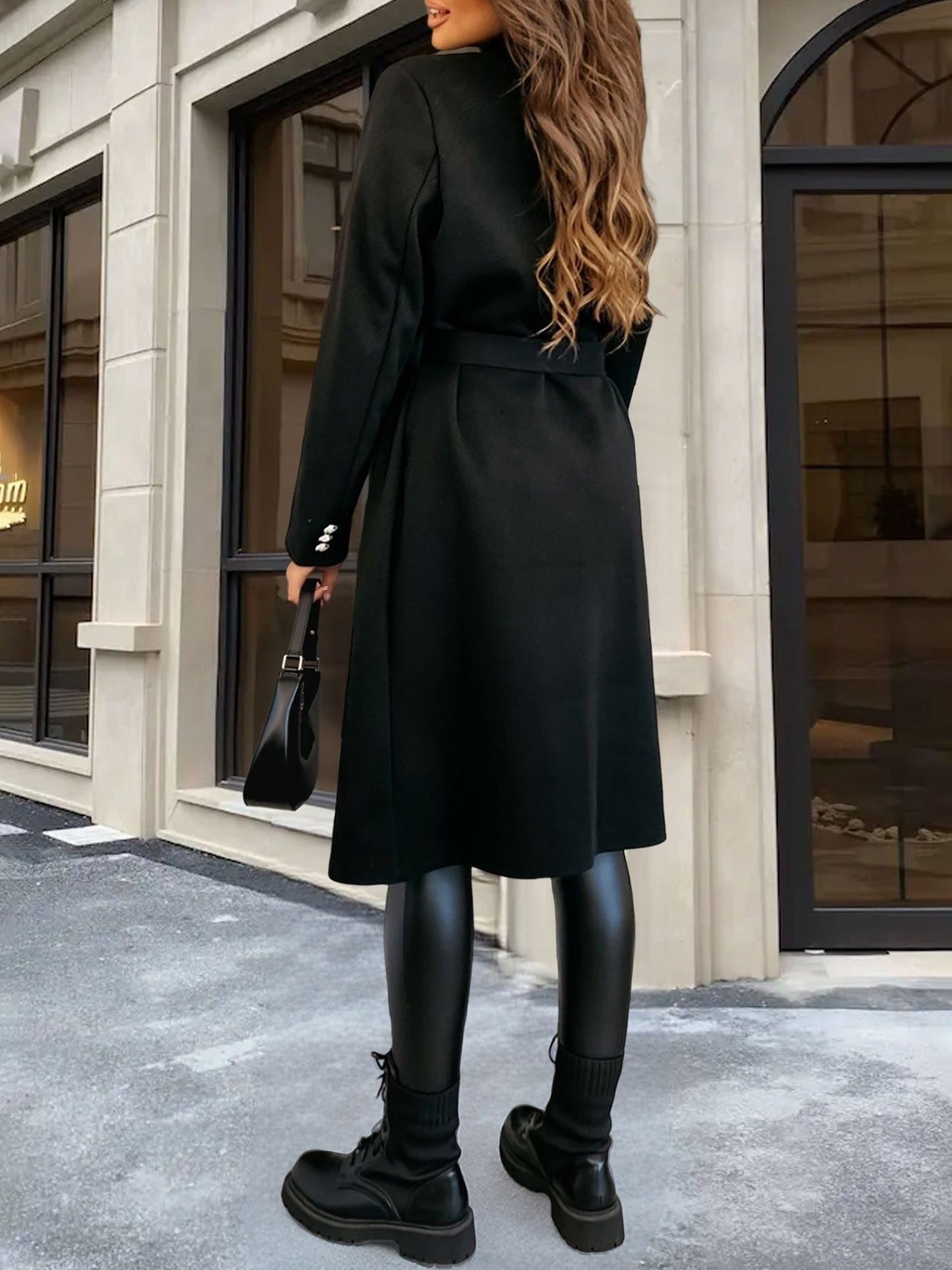 Solid Color Double Breasted Tie Front Belted Coat