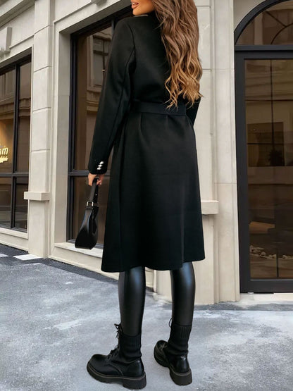 Solid Color Double Breasted Tie Front Belted Coat
