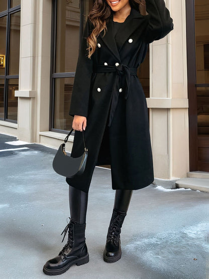 Solid Color Double Breasted Tie Front Belted Coat