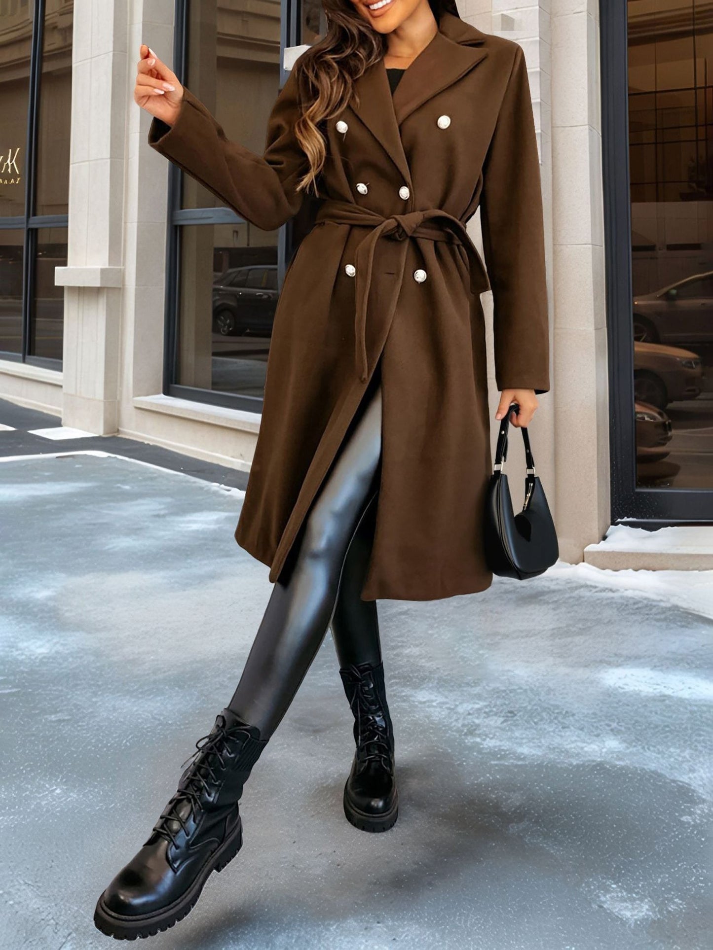Solid Color Double Breasted Tie Front Belted Coat