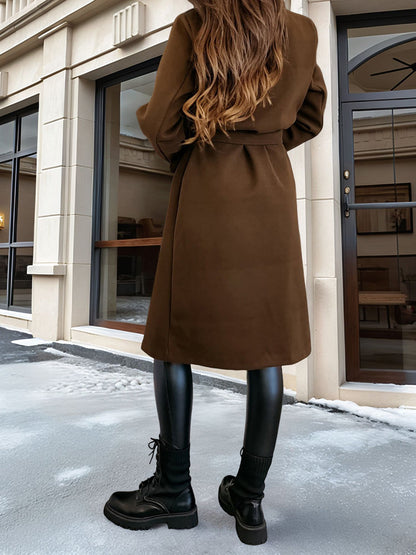 Solid Color Double Breasted Tie Front Belted Coat