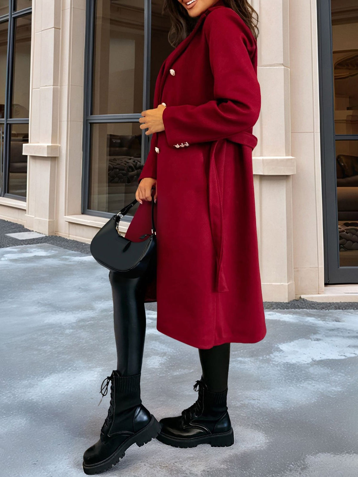 Solid Color Double Breasted Tie Front Belted Coat