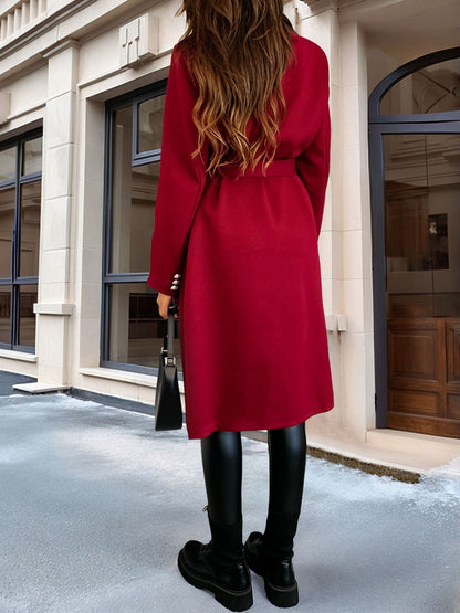 Solid Color Double Breasted Tie Front Belted Coat