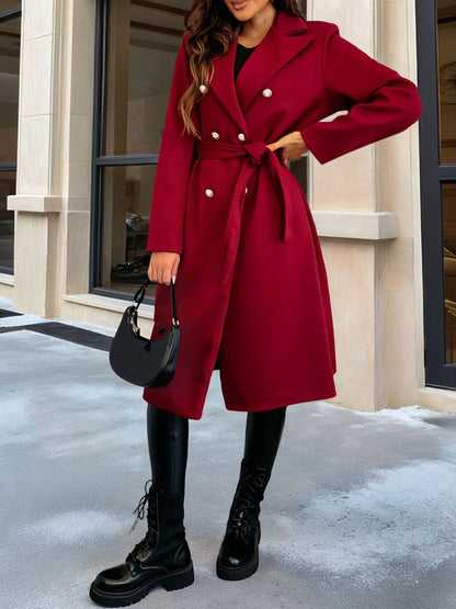 Solid Color Double Breasted Tie Front Belted Coat