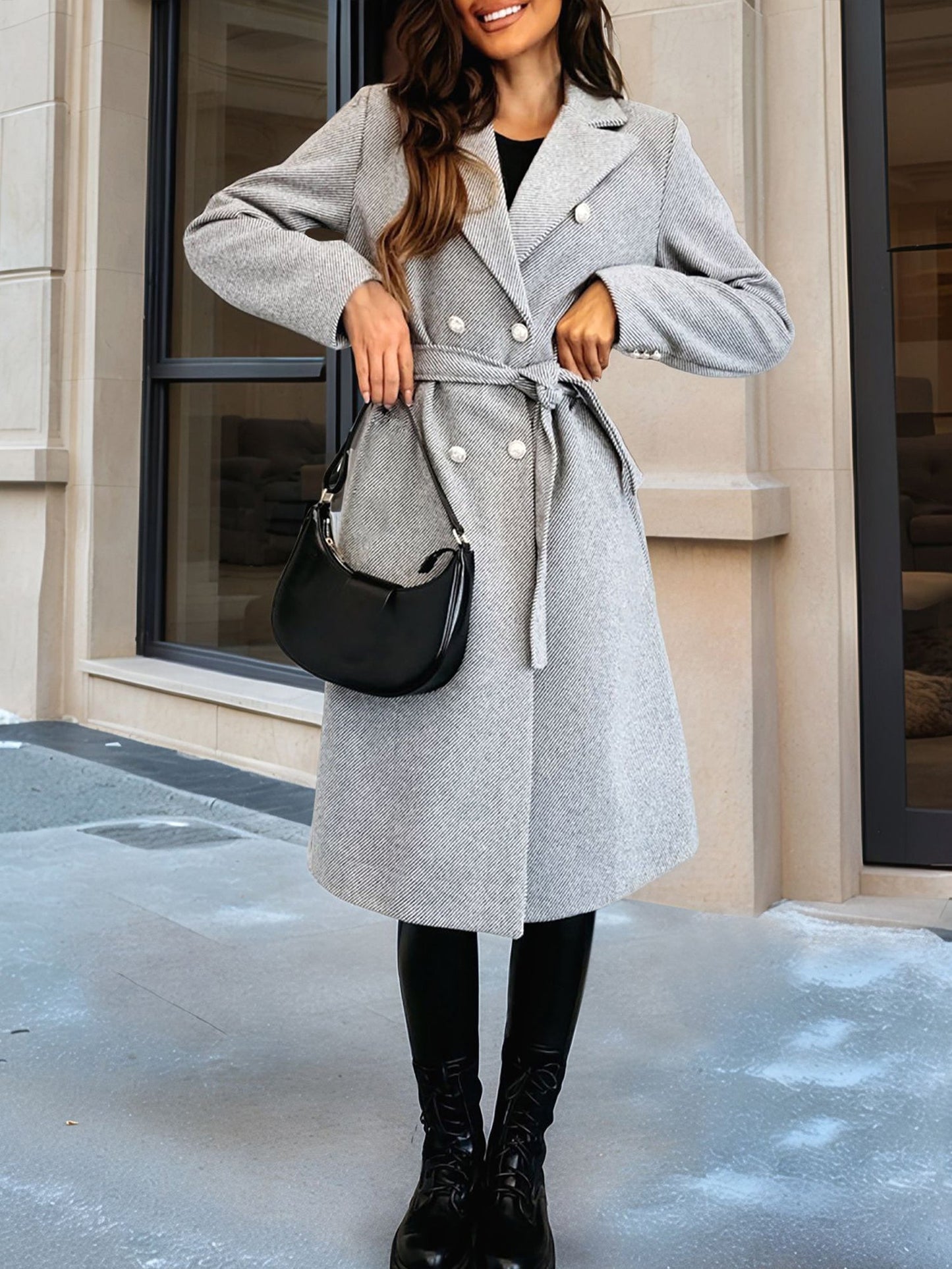 Solid Color Double Breasted Tie Front Belted Coat