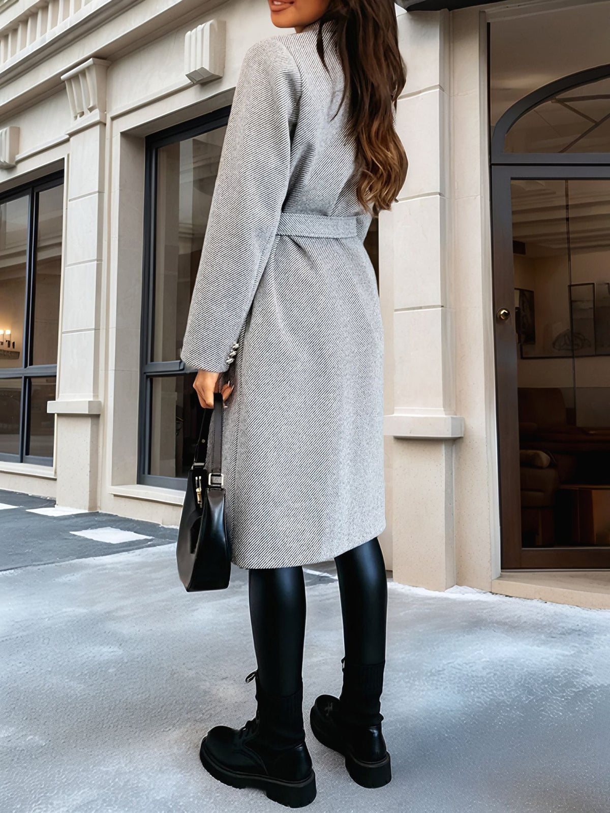 Solid Color Double Breasted Tie Front Belted Coat