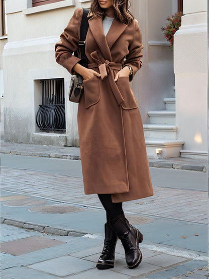 Notched Lapel Long Sleeves Pockets Belted Coat