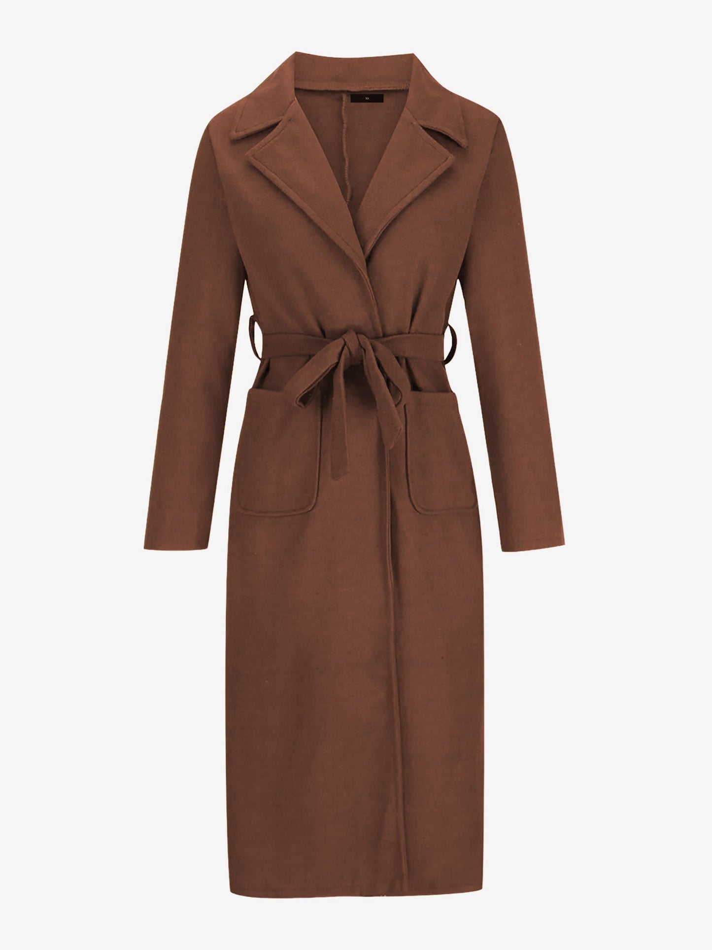 Notched Lapel Long Sleeves Pockets Belted Coat
