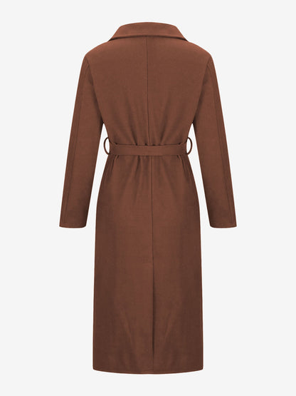 Notched Lapel Long Sleeves Pockets Belted Coat