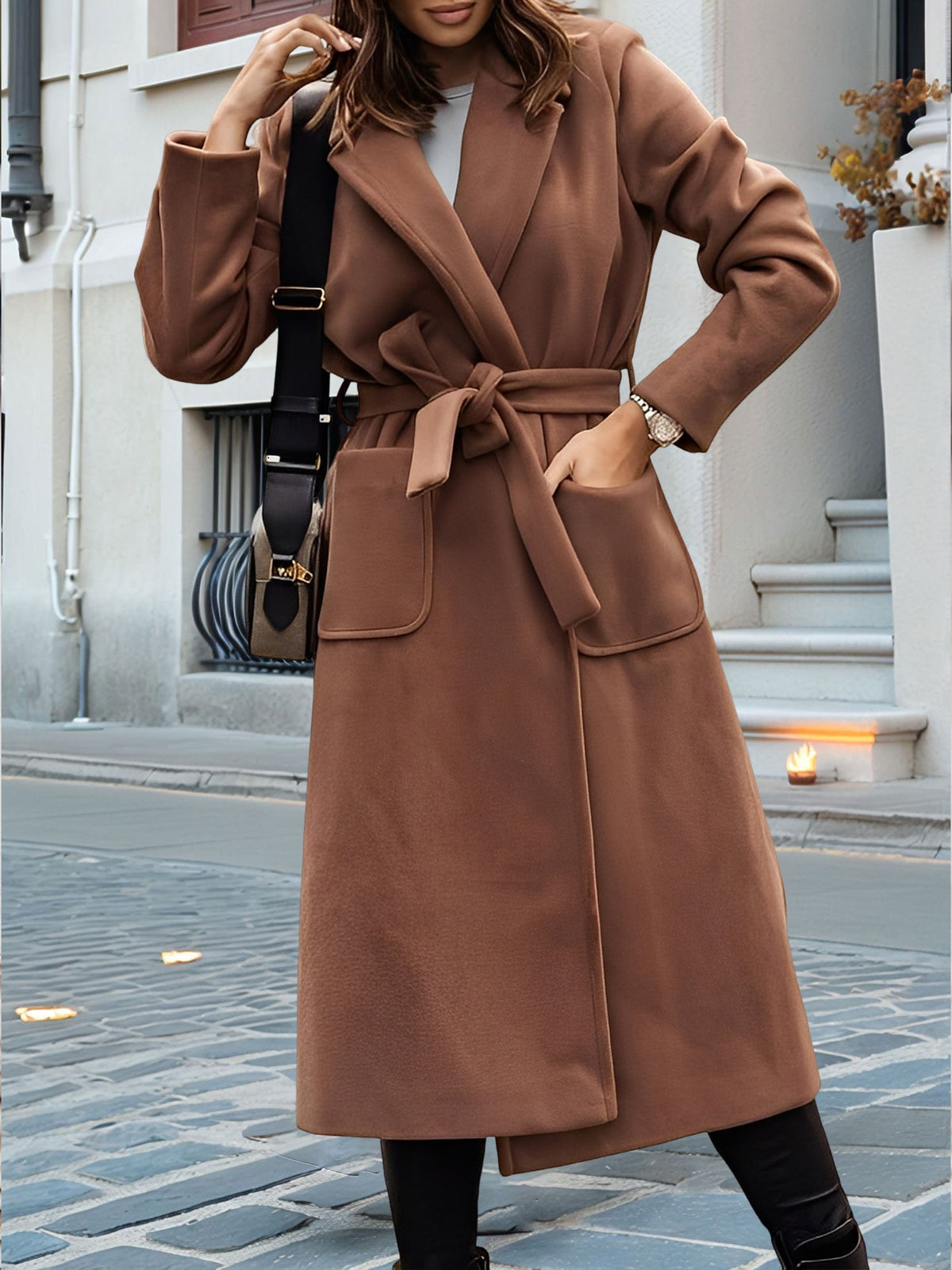 Notched Lapel Long Sleeves Pockets Belted Coat