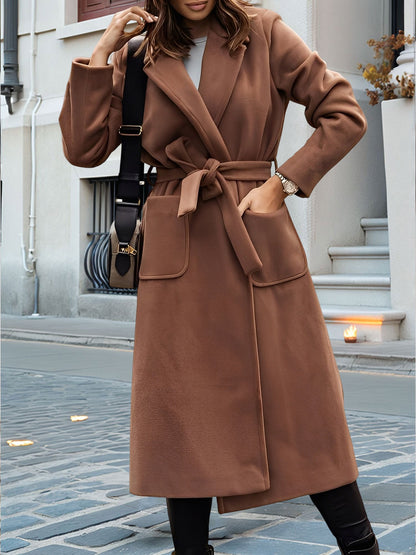 Notched Lapel Long Sleeves Pockets Belted Coat