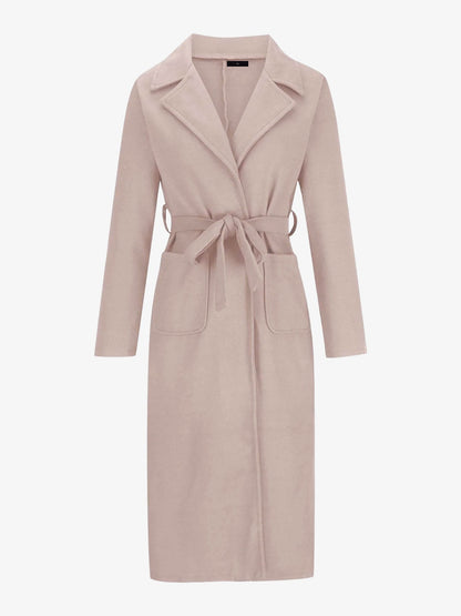Notched Lapel Long Sleeves Pockets Belted Coat
