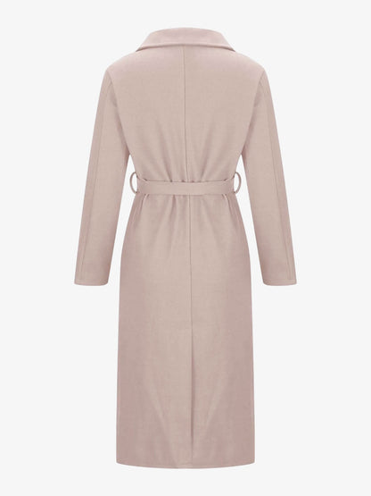 Notched Lapel Long Sleeves Pockets Belted Coat