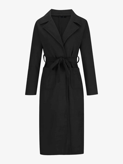 Notched Lapel Long Sleeves Pockets Belted Coat