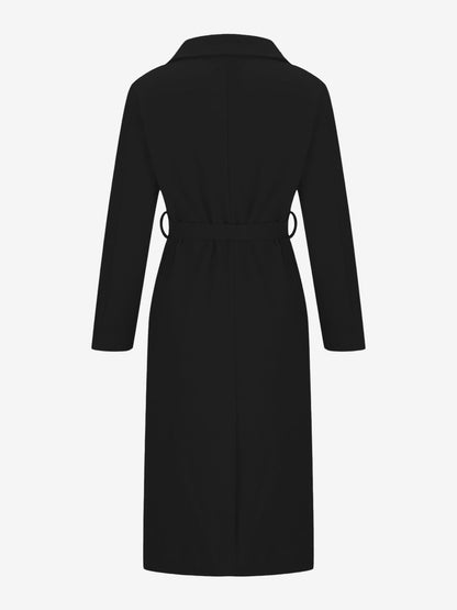 Notched Lapel Long Sleeves Pockets Belted Coat