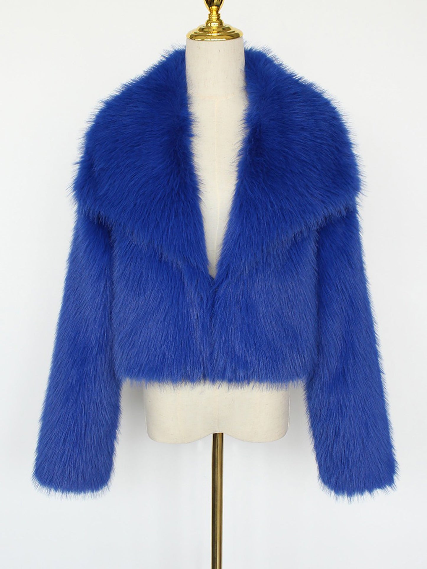Collared Long Sleeves Cropped Faux Fur Coat