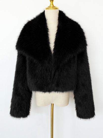 Collared Long Sleeves Cropped Faux Fur Coat