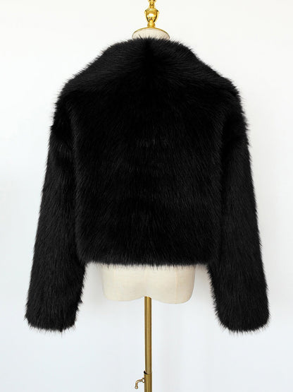 Collared Long Sleeves Cropped Faux Fur Coat