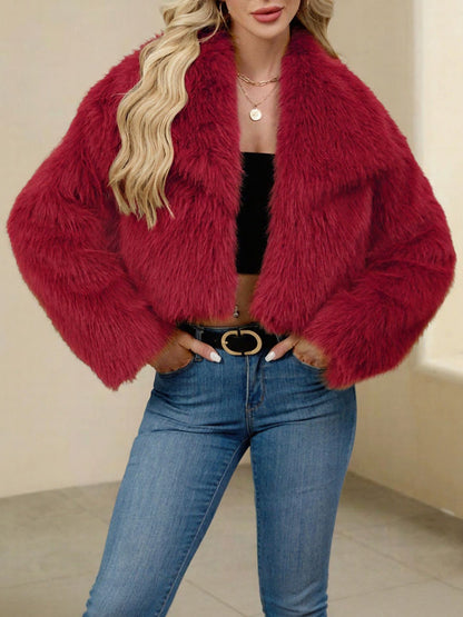 Collared Long Sleeves Cropped Faux Fur Coat