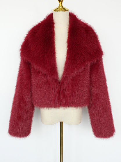 Collared Long Sleeves Cropped Faux Fur Coat