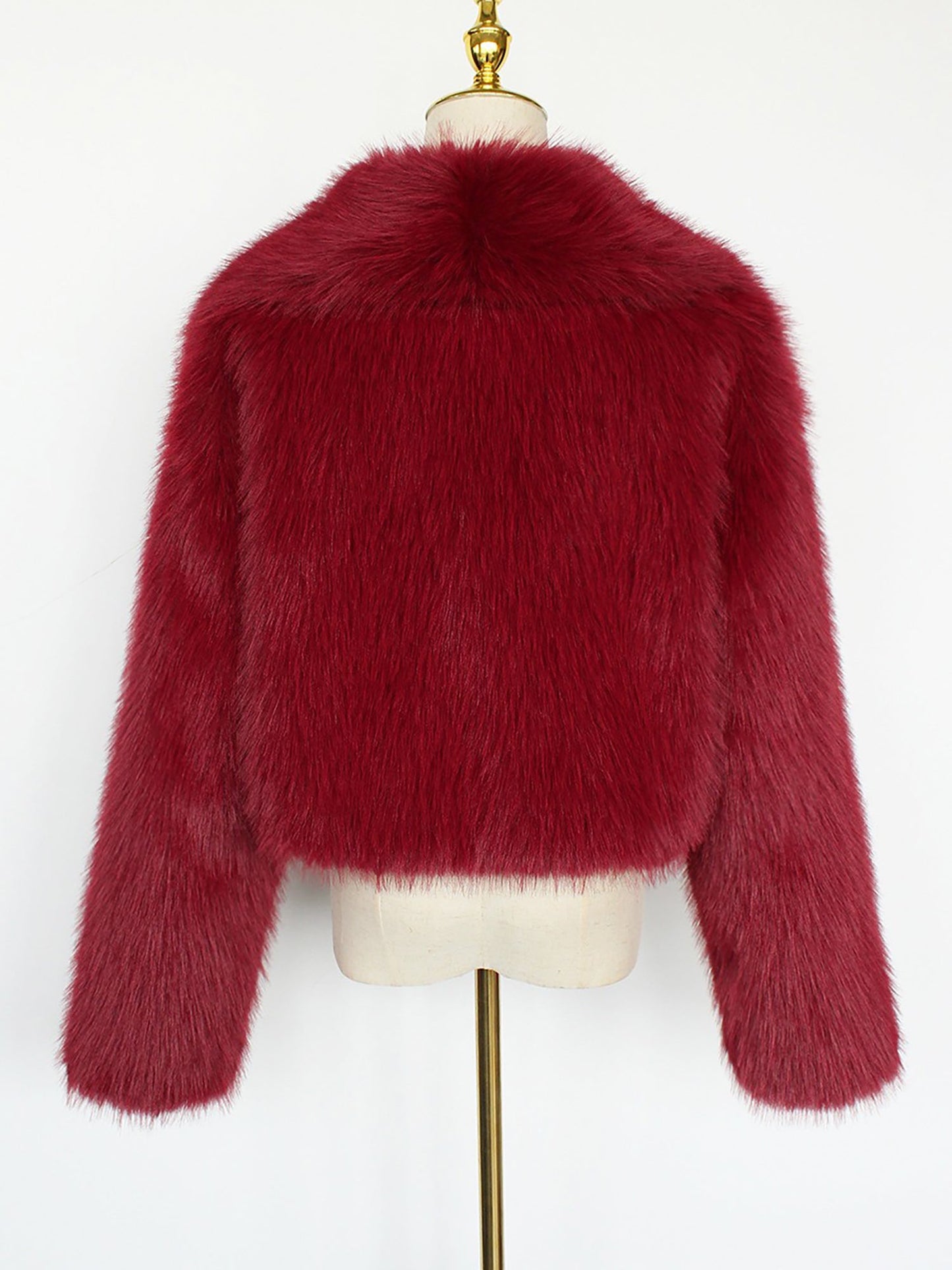 Collared Long Sleeves Cropped Faux Fur Coat