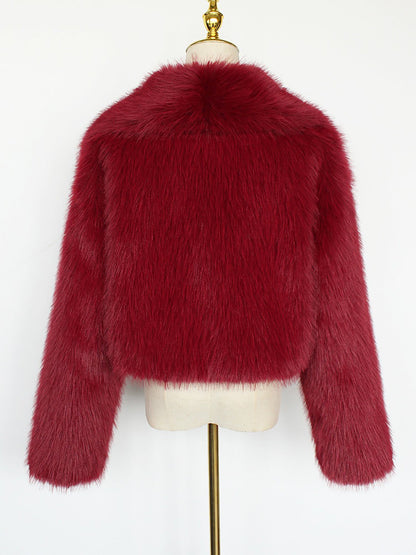 Collared Long Sleeves Cropped Faux Fur Coat