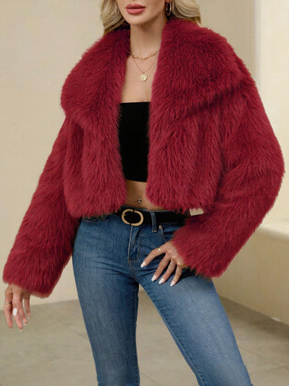 Collared Long Sleeves Cropped Faux Fur Coat