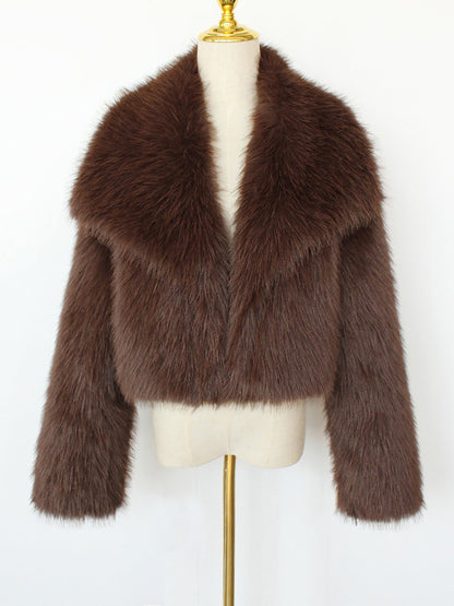 Collared Long Sleeves Cropped Faux Fur Coat