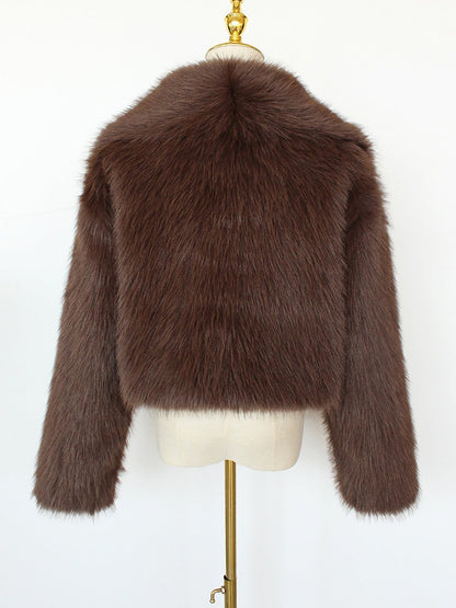 Collared Long Sleeves Cropped Faux Fur Coat