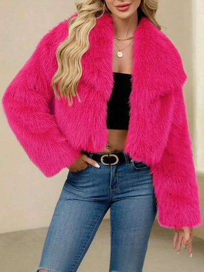 Collared Long Sleeves Cropped Faux Fur Coat