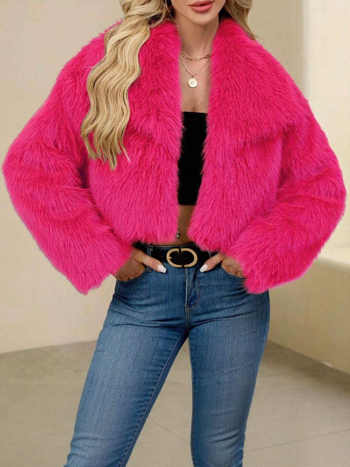 Collared Long Sleeves Cropped Faux Fur Coat