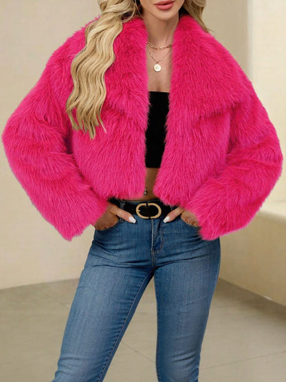 Collared Long Sleeves Cropped Faux Fur Coat
