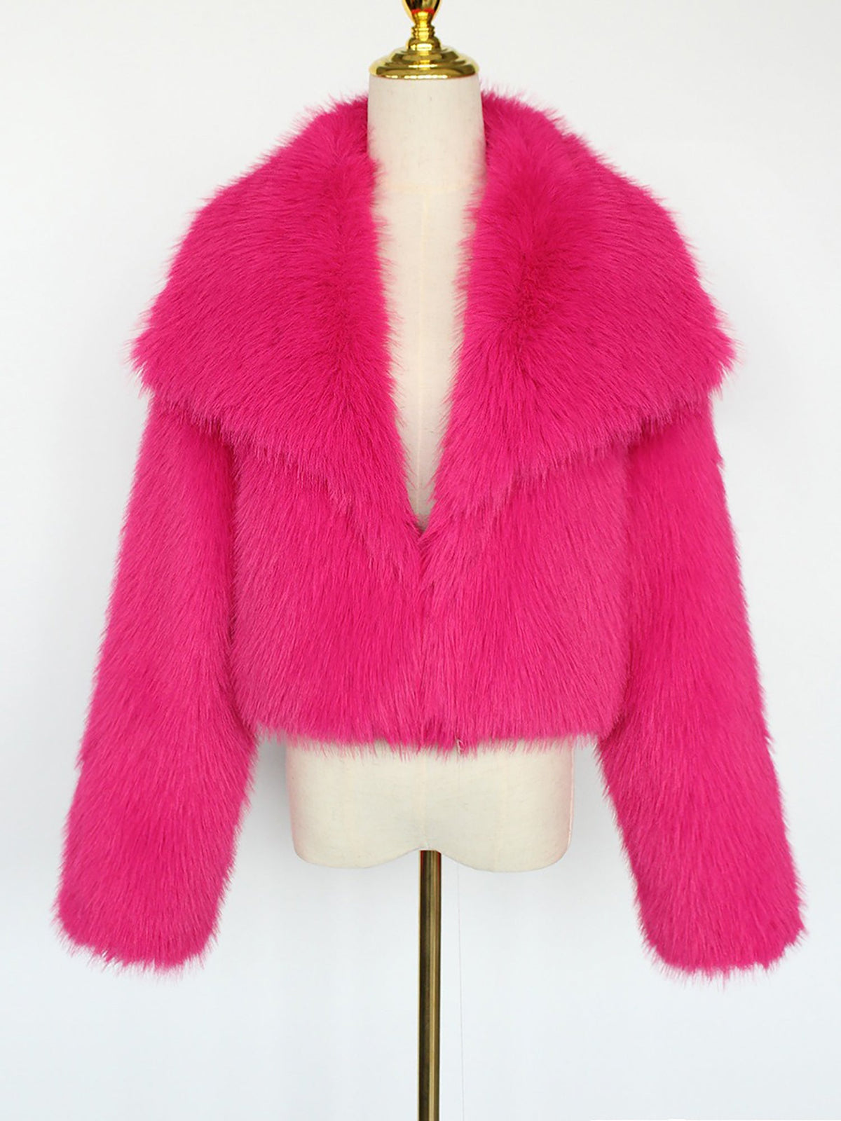 Collared Long Sleeves Cropped Faux Fur Coat