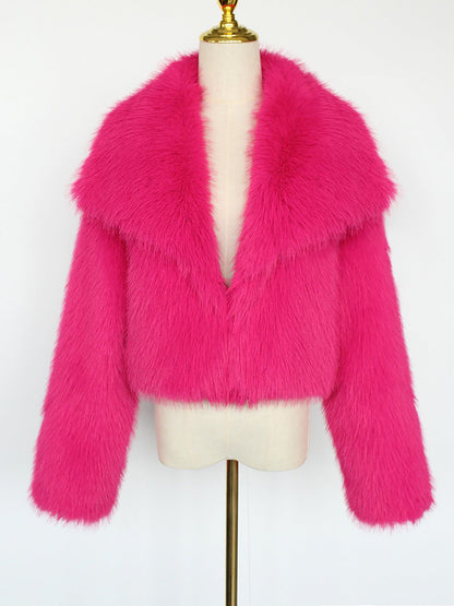 Collared Long Sleeves Cropped Faux Fur Coat