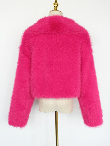 Collared Long Sleeves Cropped Faux Fur Coat