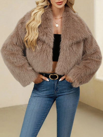 Collared Long Sleeves Cropped Faux Fur Coat