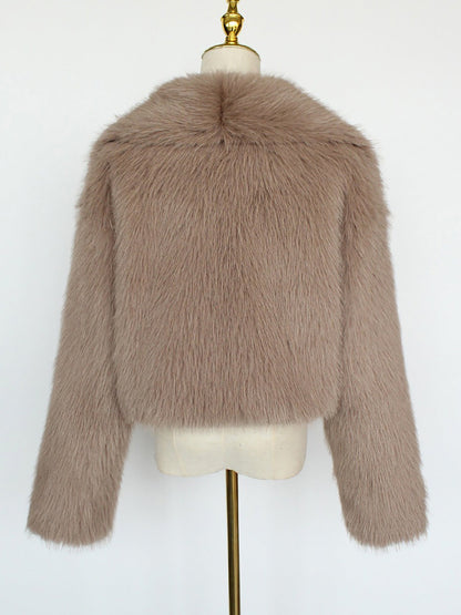 Collared Long Sleeves Cropped Faux Fur Coat