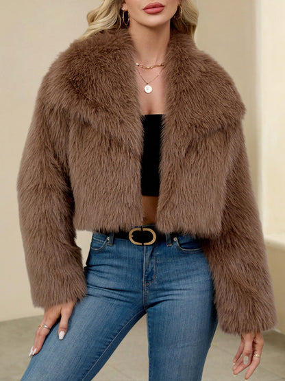 Collared Long Sleeves Cropped Faux Fur Coat