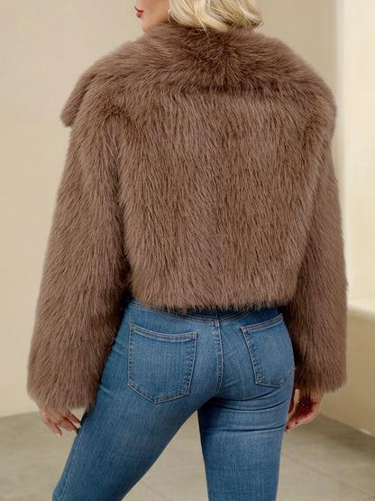 Collared Long Sleeves Cropped Faux Fur Coat
